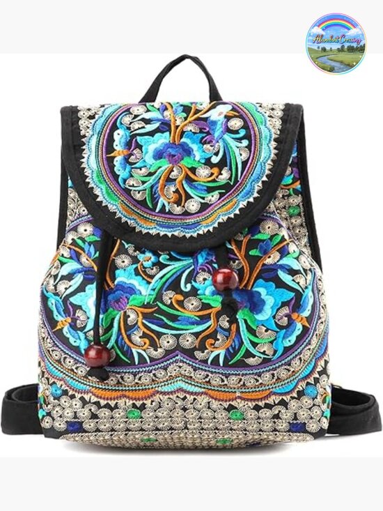 Vintage Embroidered Boho Backpack Purse - Lightweight Canvas Mini Backpack for